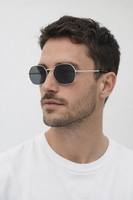 Hexagon Metal Frame Sunglasses with Mirror Lenses in Silver - Image 1