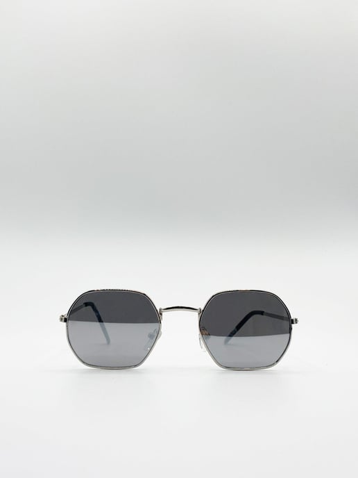 Hexagon Metal Frame Sunglasses with Mirror Lenses in Silver - Image 2