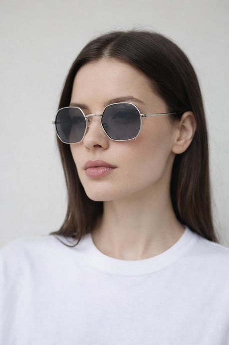 Hexagon Metal Frame Sunglasses with Mirror Lenses in Silver - Image 3