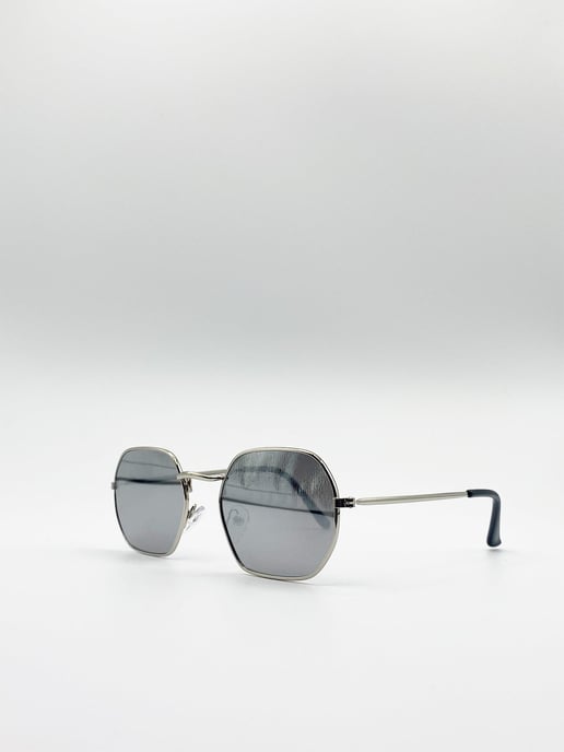 Hexagon Metal Frame Sunglasses with Mirror Lenses in Silver - Image 4