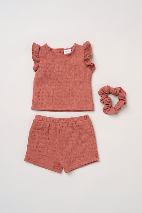 Textured Top, Shorts and Scrunchie Outfit Set - Image 1