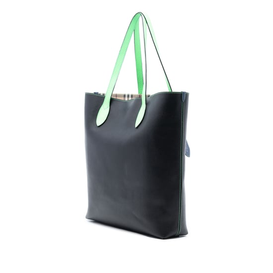 Pre-owned Grained Leather And Haymarket Check Coated Canvas Reversible North South Tote - Image 2