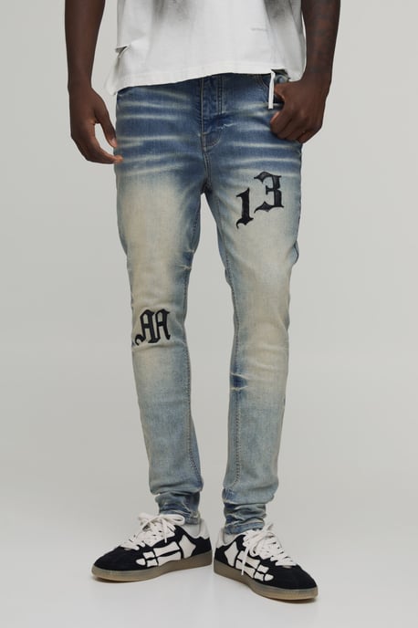 Skinny Stretch Extreme Washed PU Applique Jeans - Image 1