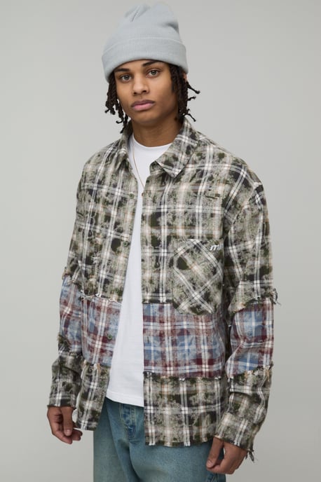 Oversized Boxy Distressed Spliced Check Shirt - Image 1