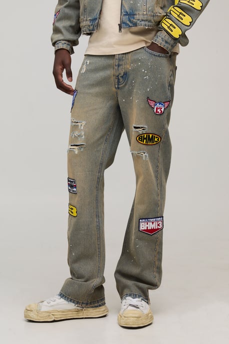 Slim Flared Moto Badge Washed Jeans - Image 1