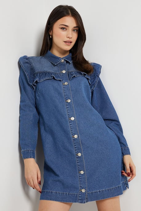 Frill Yoke Denim Mini Dress - Image 1