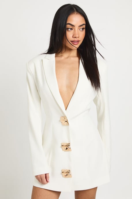 Large Gold Button Trim Blazer Dress - Image 1