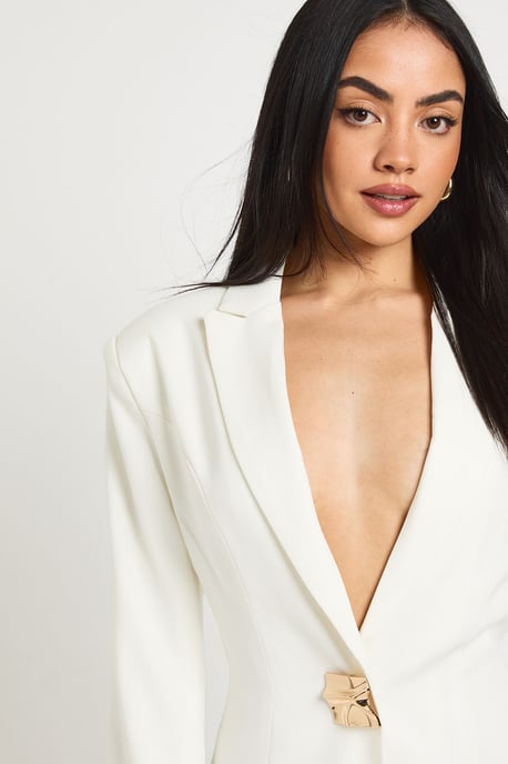 Large Gold Button Trim Blazer Dress - Image 4