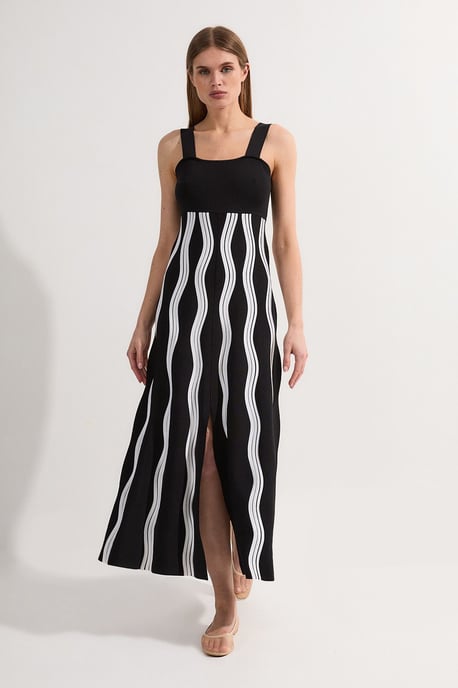 Petite Contrast Wave Knit A-Line Knitted Strappy Dress - Image 1
