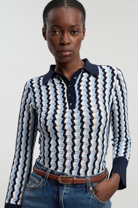 Knit Pointelle Contrast Collared Top - Image 1