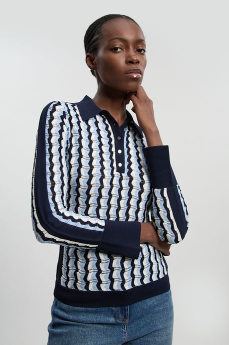 Knit Pointelle Contrast Collared Top - Image 2