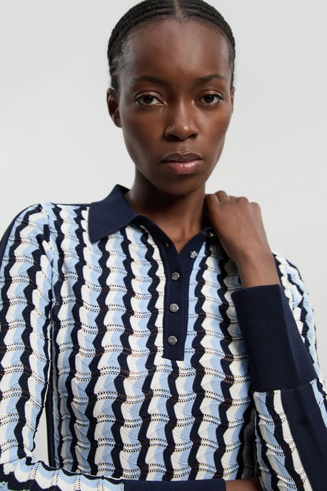Knit Pointelle Contrast Collared Top - Image 3