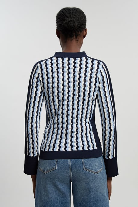 Knit Pointelle Contrast Collared Top - Image 4