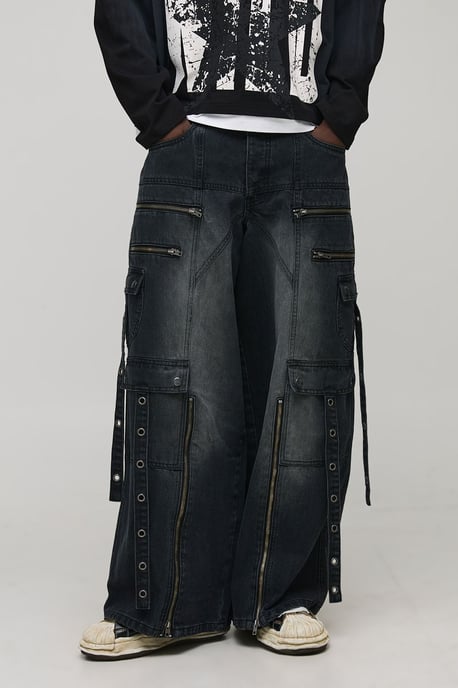 Super Baggy Strap Detail Cargo Washed Jeans - Image 1