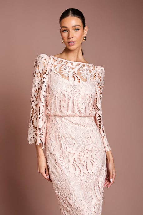 Satin Lace Boat Neck Midi Dress With Fluted Sleeve - Image 2