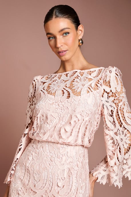 Satin Lace Boat Neck Midi Dress With Fluted Sleeve - Image 4