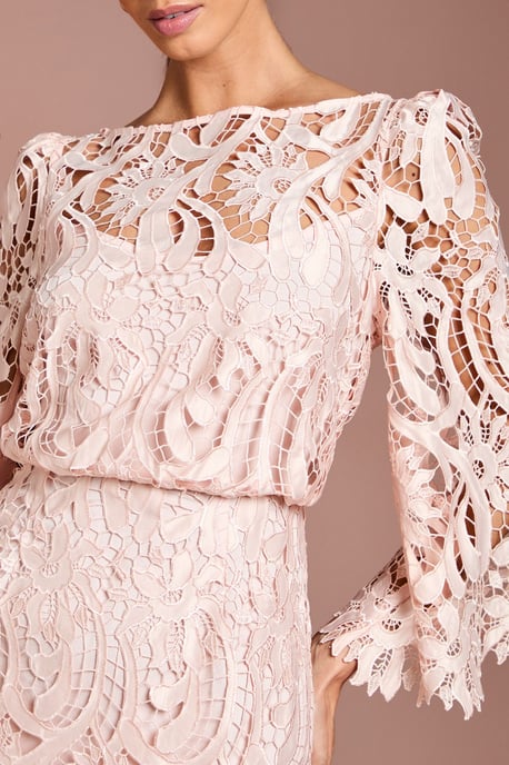 Satin Lace Boat Neck Midi Dress With Fluted Sleeve - Image 5