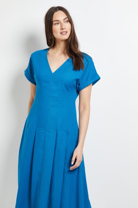 Linen Blend Pleat Detail Midi Dress - Image 2