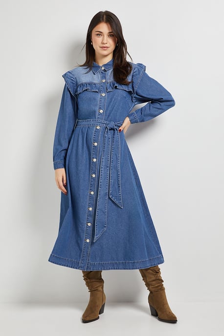 Frill Yoke Denim Dress - Image 1
