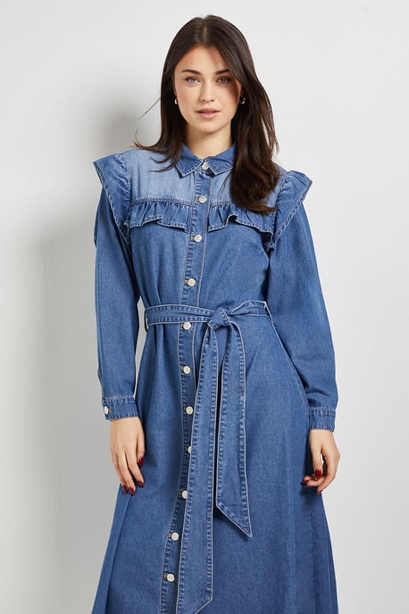 Frill Yoke Denim Dress - Image 2