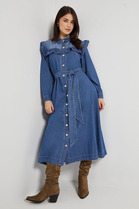 Frill Yoke Denim Dress - Image 4