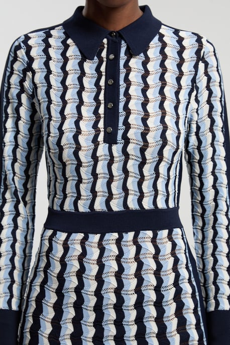 Knit Pointelle Contrast Collared Midi Dress - Image 3