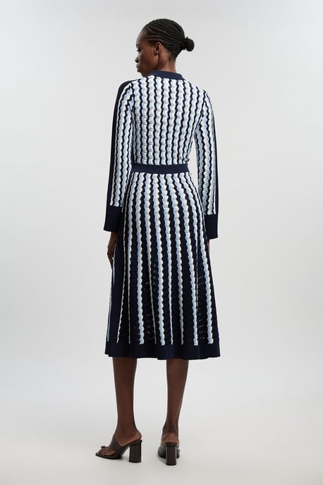Knit Pointelle Contrast Collared Midi Dress - Image 4