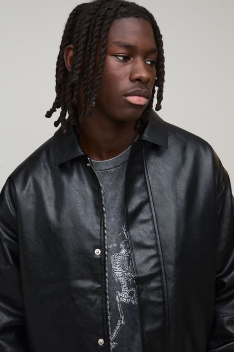 Boxy Fit Panelled PU Harrington Jacket - Image 3