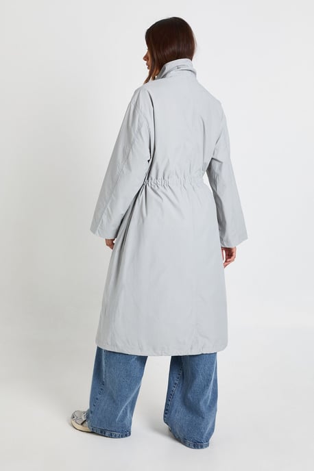 Textured Cinched Waist Funnel Neck Trench Coat - Image 2
