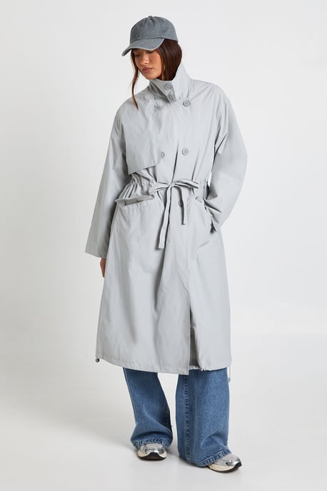 Textured Cinched Waist Funnel Neck Trench Coat - Image 3