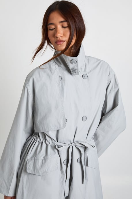 Textured Cinched Waist Funnel Neck Trench Coat - Image 4