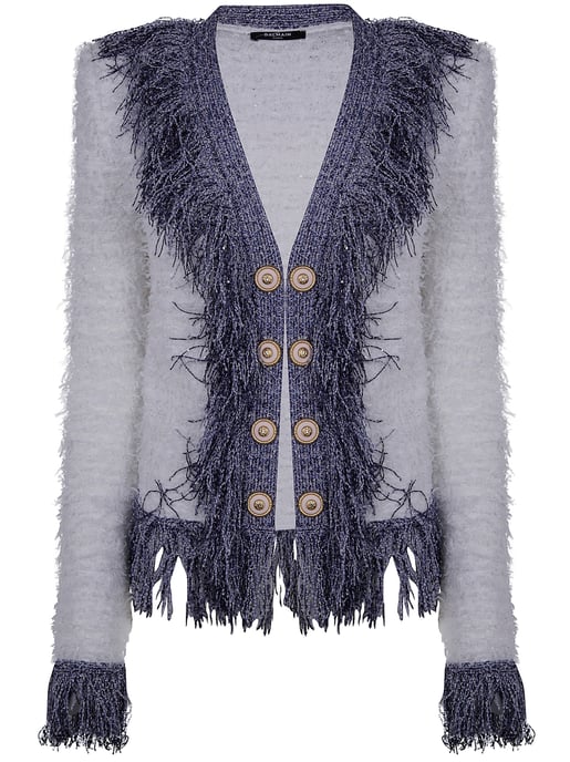 Collarless Glittered Fringed Tweed Jkt - Image 1