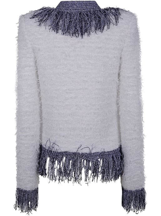 Collarless Glittered Fringed Tweed Jkt - Image 2