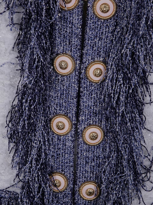 Collarless Glittered Fringed Tweed Jkt - Image 3