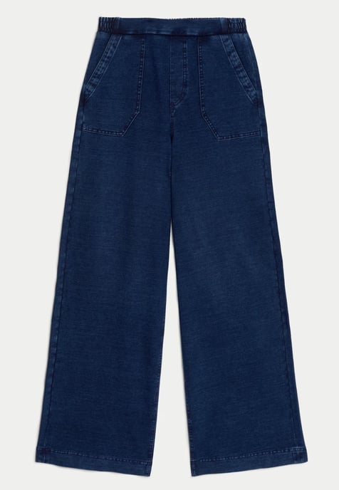 M&S Denim Elasticated Waist Wide Leg Trousers in Medium Blue - Image 2