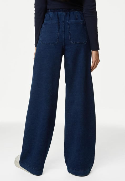 M&S Denim Elasticated Waist Wide Leg Trousers in Medium Blue - Image 3