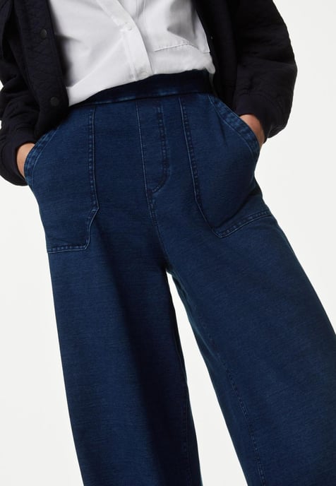 M&S Denim Elasticated Waist Wide Leg Trousers in Medium Blue - Image 4