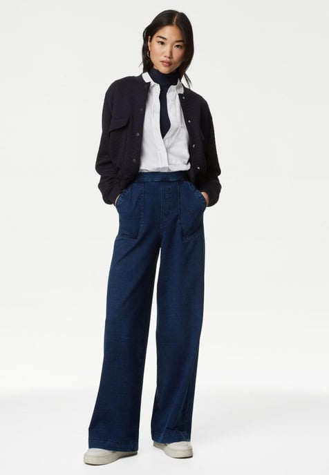M&S Denim Elasticated Waist Wide Leg Trousers in Medium Blue - Image 5
