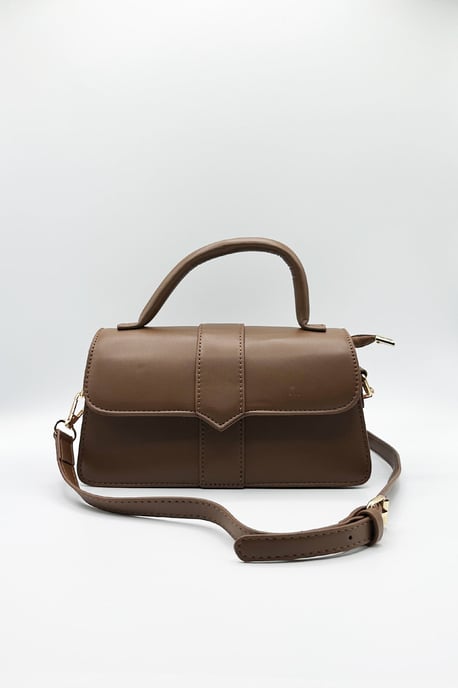 Small Crossbody Hard Top Handle Bag in Brown - Image 6