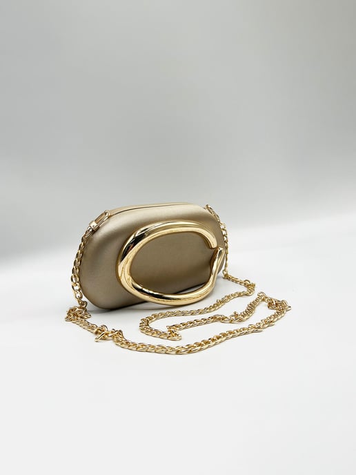 Oval Satin Hard Case Clutch Bag In Muted Gold - Image 2