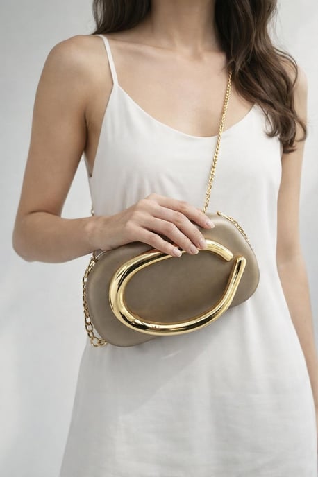 Oval Satin Hard Case Clutch Bag In Muted Gold - Image 3