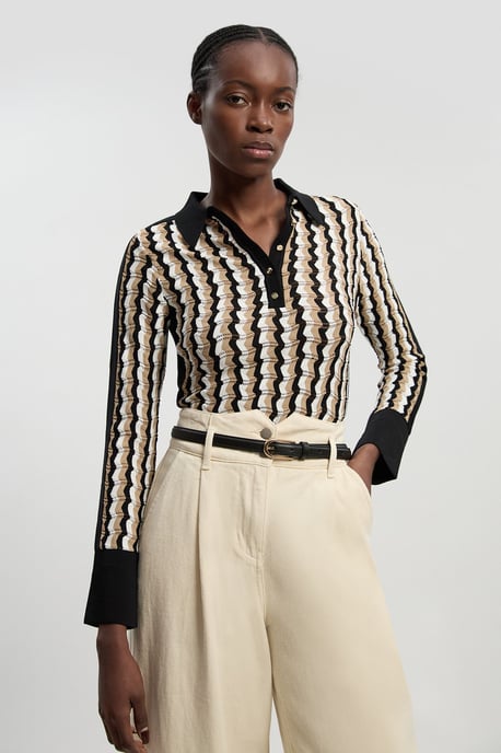 Knit Pointelle Contrast Collared Top - Image 2