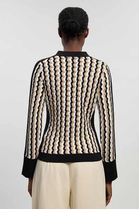 Knit Pointelle Contrast Collared Top - Image 4