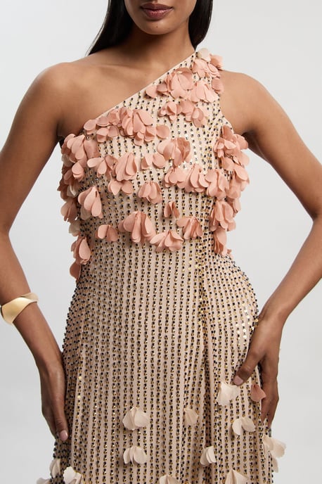 Floral Applique One Shoulder Woven Maxi Dress - Image 3