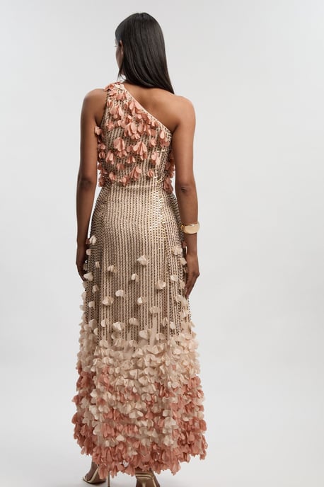 Floral Applique One Shoulder Woven Maxi Dress - Image 4