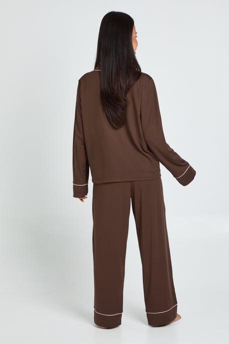 Petite Piping Detail Long Sleeve Shirt & Trouser Pyjama Set - Image 2