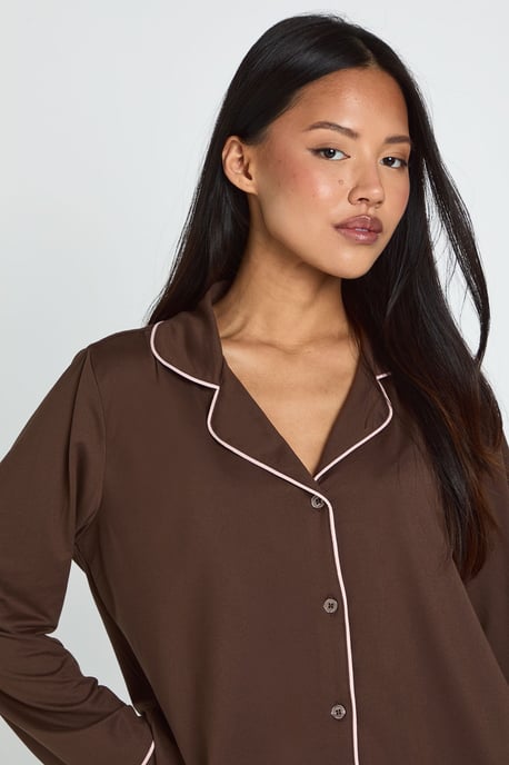 Petite Piping Detail Long Sleeve Shirt & Trouser Pyjama Set - Image 4