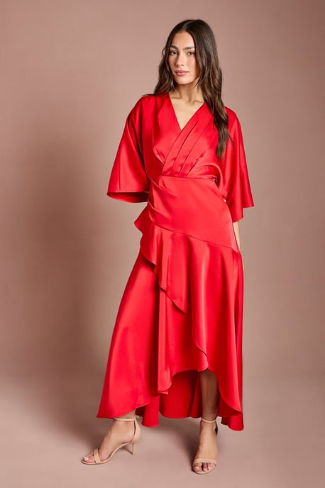 Satin Back Crepe Ruffle Wrap Midi Dress - Image 1
