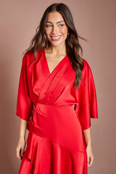 Satin Back Crepe Ruffle Wrap Midi Dress - Image 2