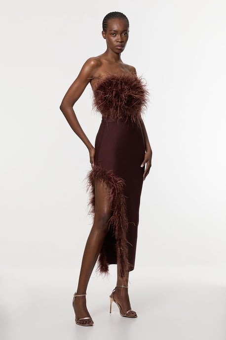 Petite Figure Form Bandage Feather Detail Bandeau Knit Midi Dress - Image 1